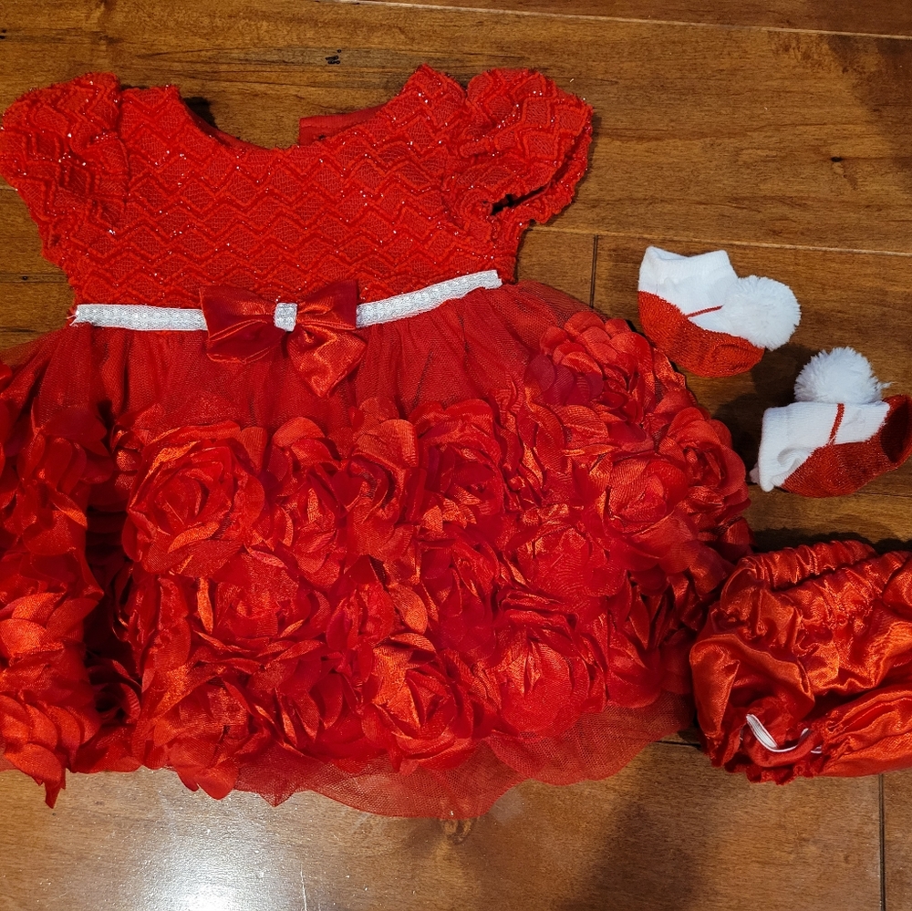 Girls 6-9 month dress. Socks and diaper cover up included. Like new